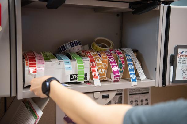 A cabinet of stickers ready to be placed on new materials