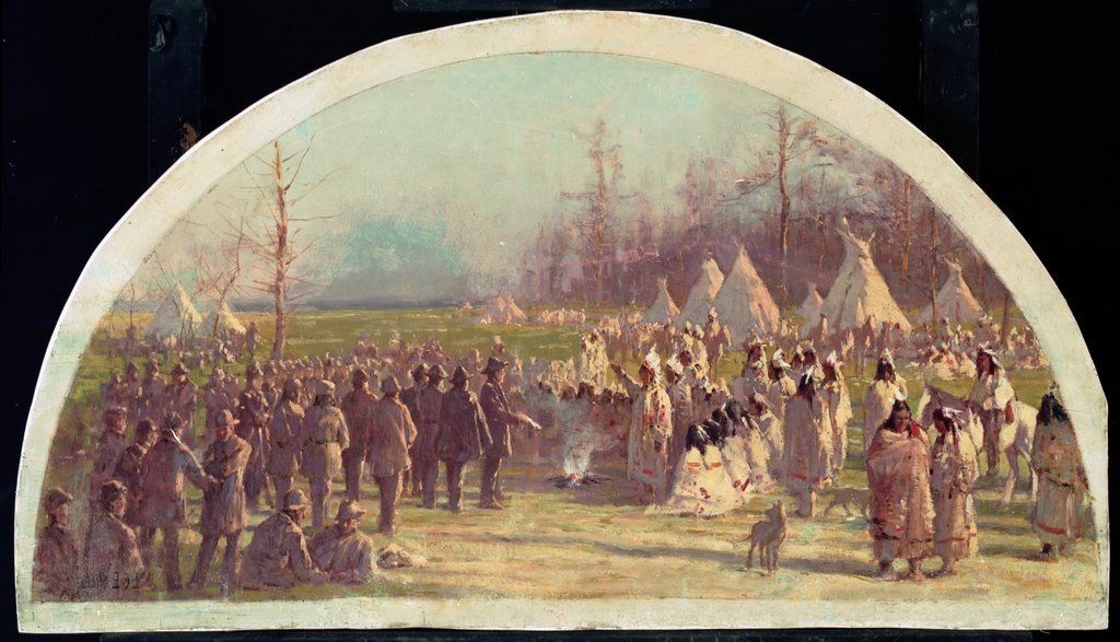 1902 painting of U.S government and Potawatomi signing the Treaty of Chicago